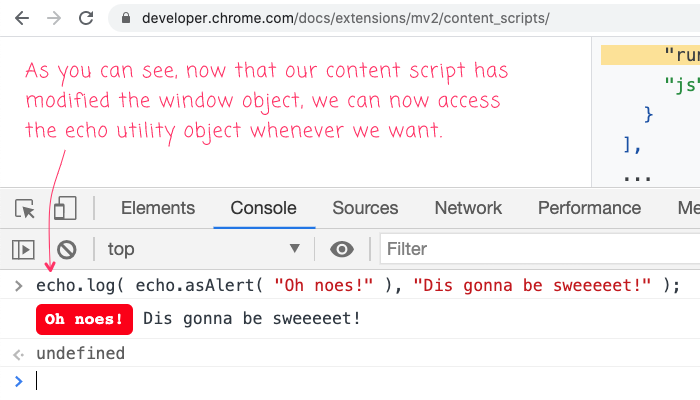 An echo.log() statement being executed after the content script has been loaded.